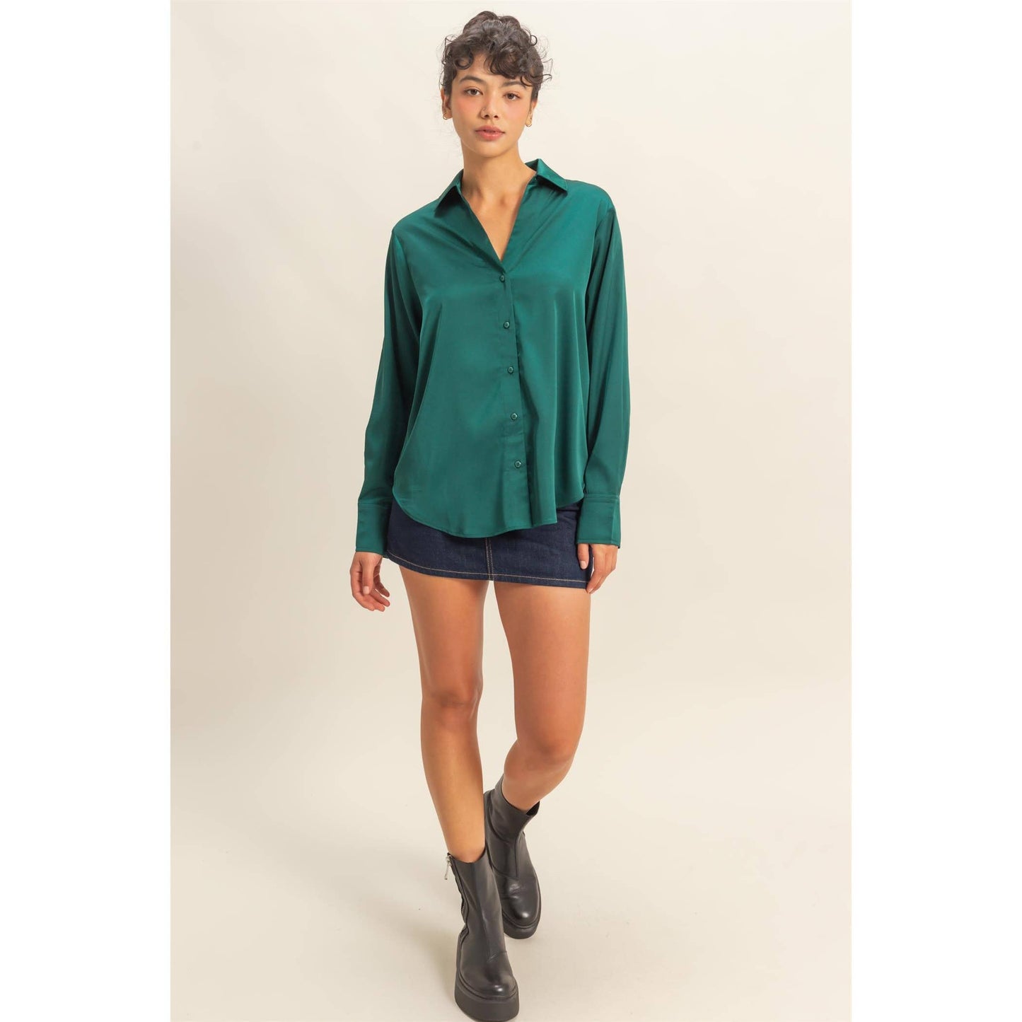 Dark Green Button-Up Satin Shirt With Collared Neckline