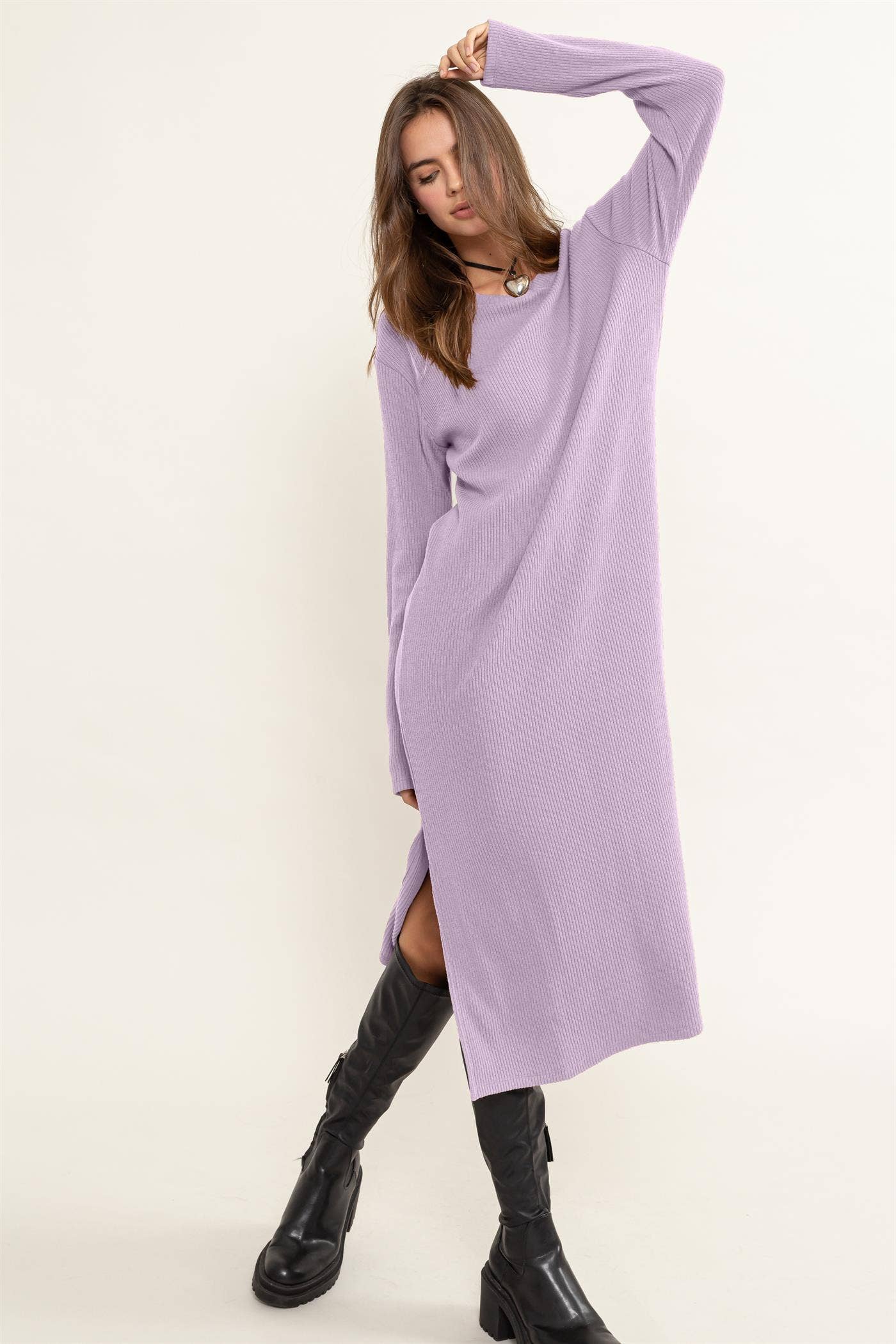 Lilac Ribbed Long Sleeve Midi Dress