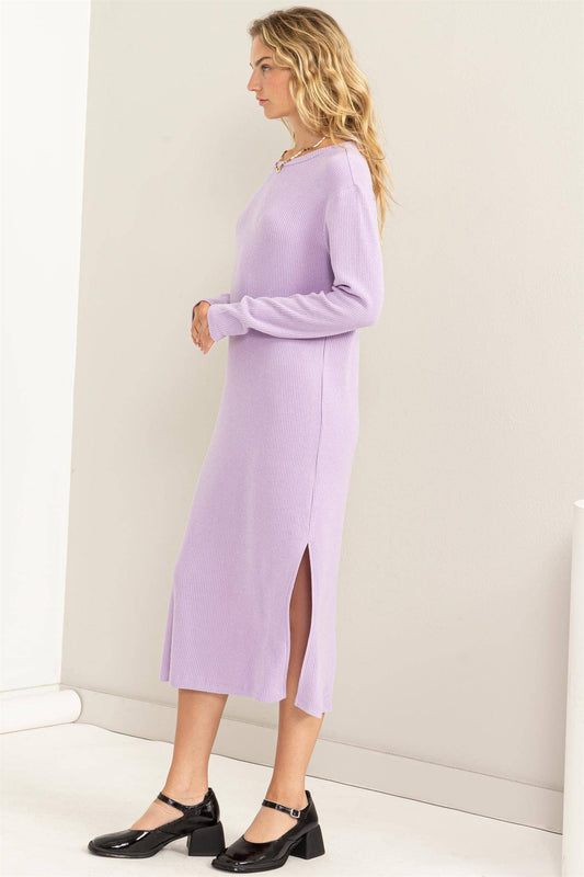 Lilac Ribbed Long Sleeve Midi Dress