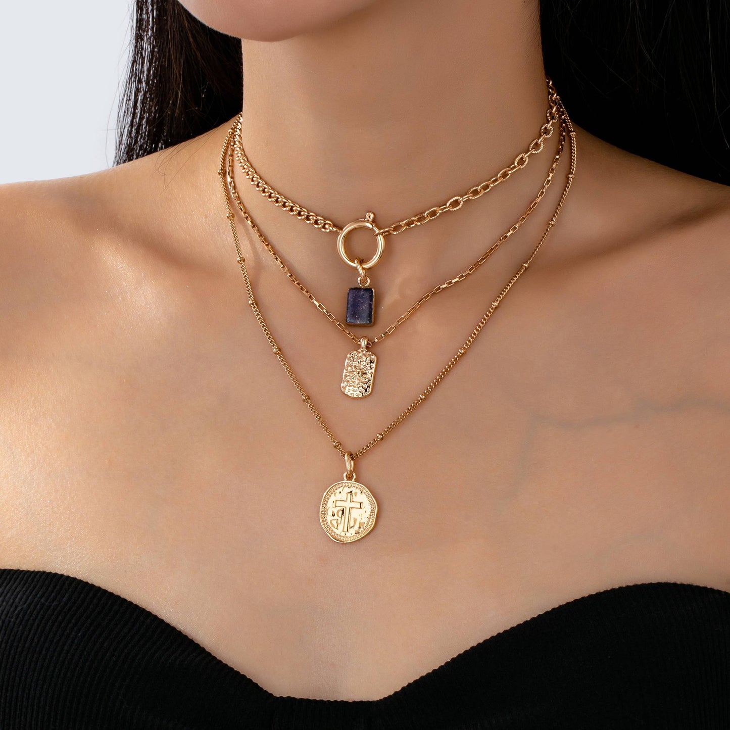 LAYER CELESTIAL CROSS BLUE STONE CHARM NECKLACE | GOLD