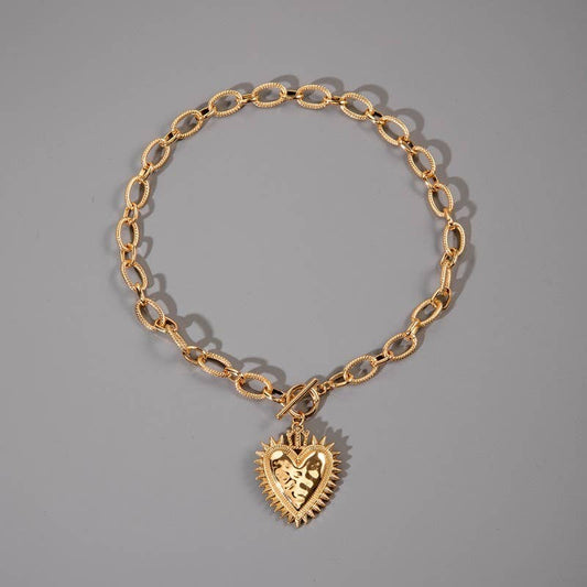 SPIKED HEART CHUNKY CHAIN TOGGLE NECKLACE | GOLD