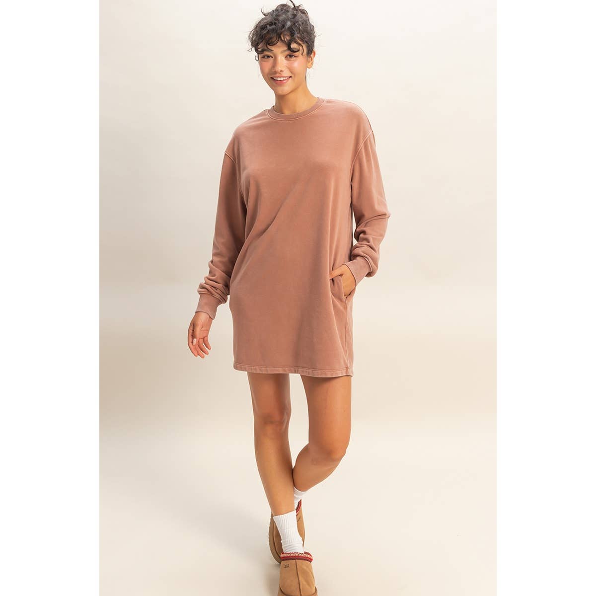 Chestnut Mineral Washed Oversized Mini Sweatshirt Dress