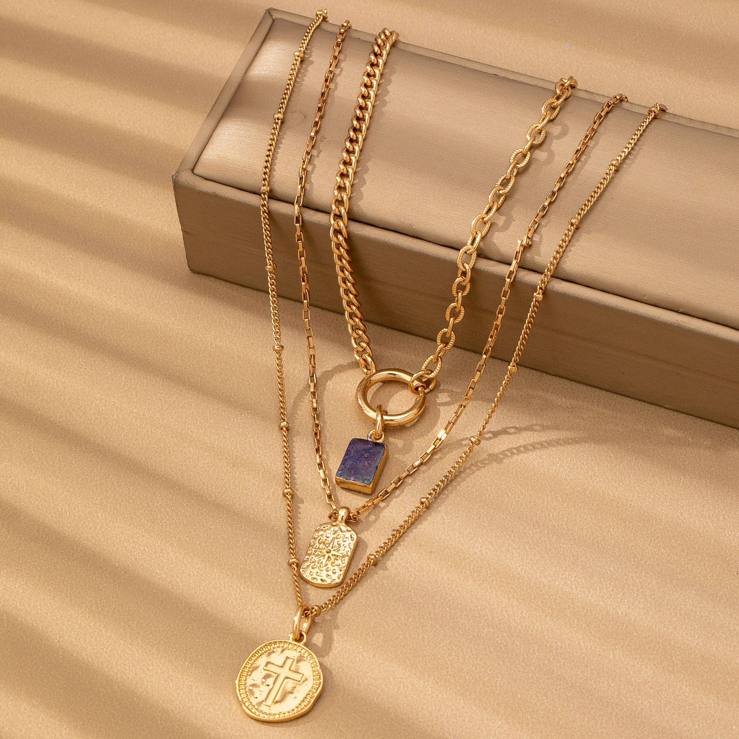 LAYER CELESTIAL CROSS BLUE STONE CHARM NECKLACE | GOLD