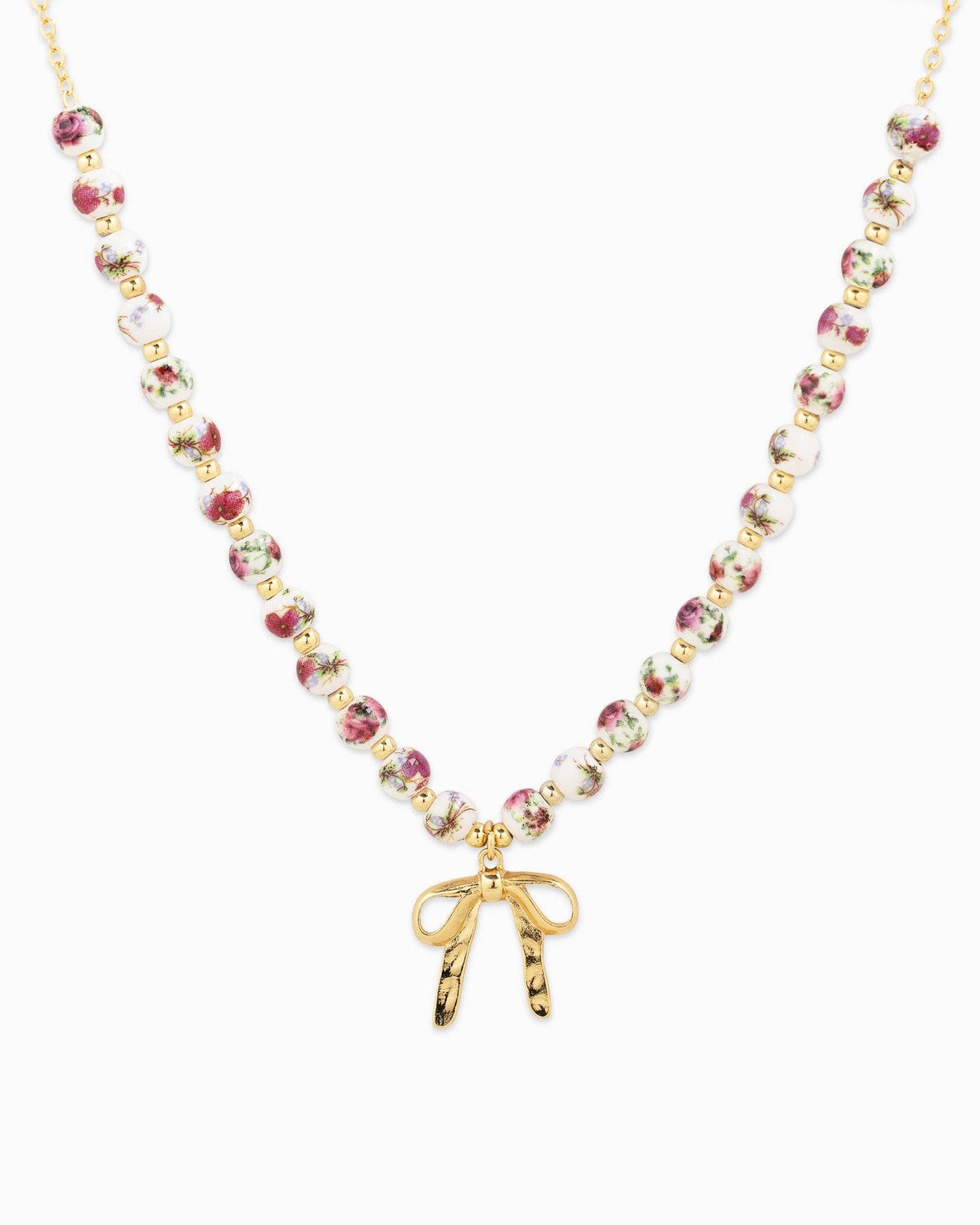 Pink Bead Bow Pendant Necklace