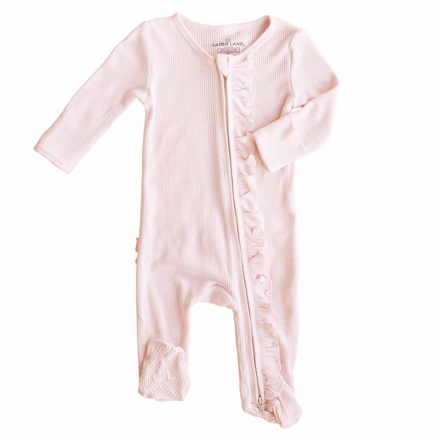 Pearl Pink Bamboo Waffle Zipper Ruffle Footie