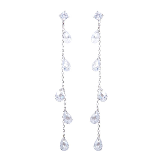 Crystal Teardrop Long Earrings - Silver