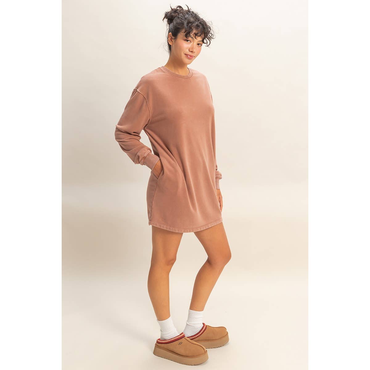 Chestnut Mineral Washed Oversized Mini Sweatshirt Dress