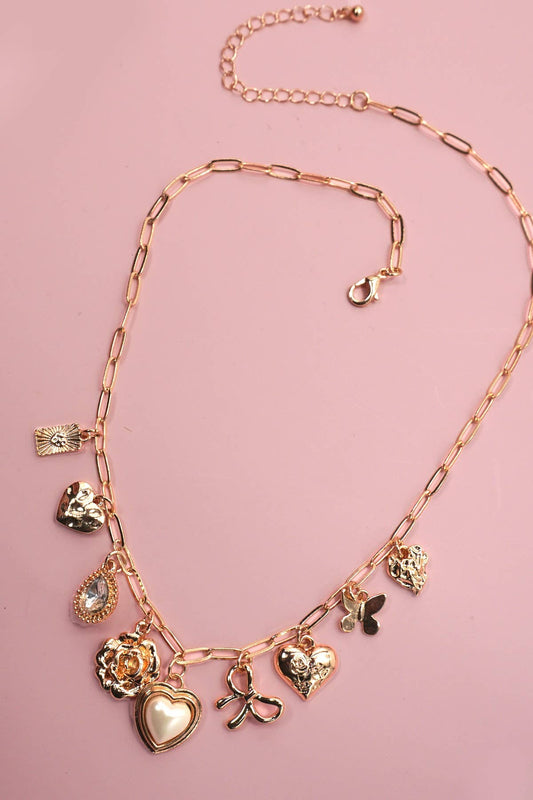 CHARM NECKLACE-BOW HEART RHINESTONE FLOWER | Gold