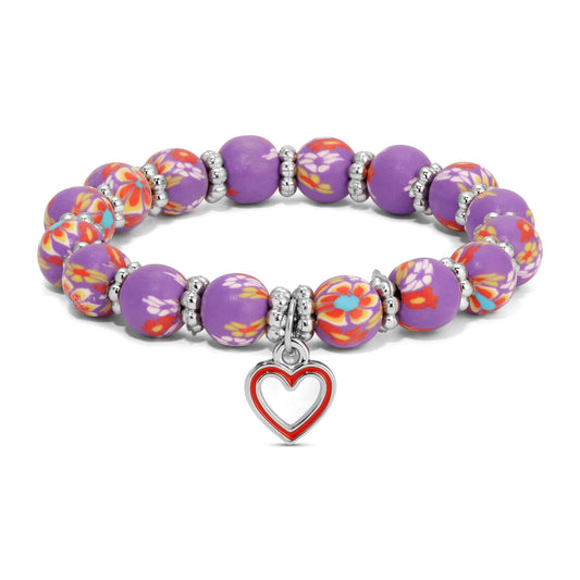 Kids Clay Beaded Stretch Charm Bracelets  |  Purple Floral+red heart charm