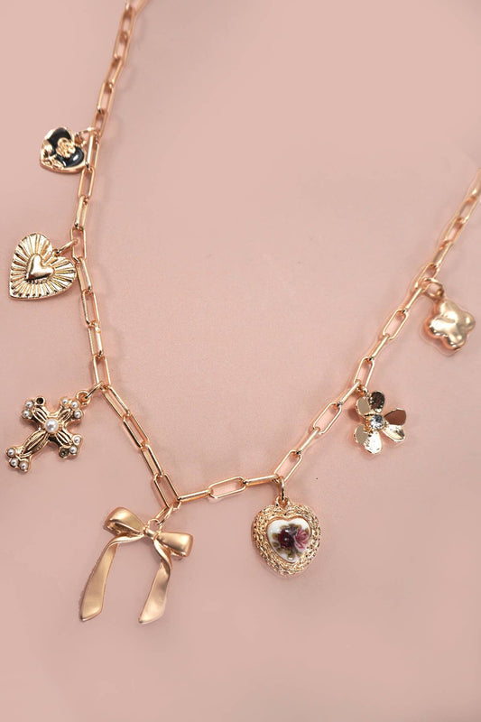 CHARM NECKLACE-PORCELAIN FLORAL BOW CROSS HEART | GOLD