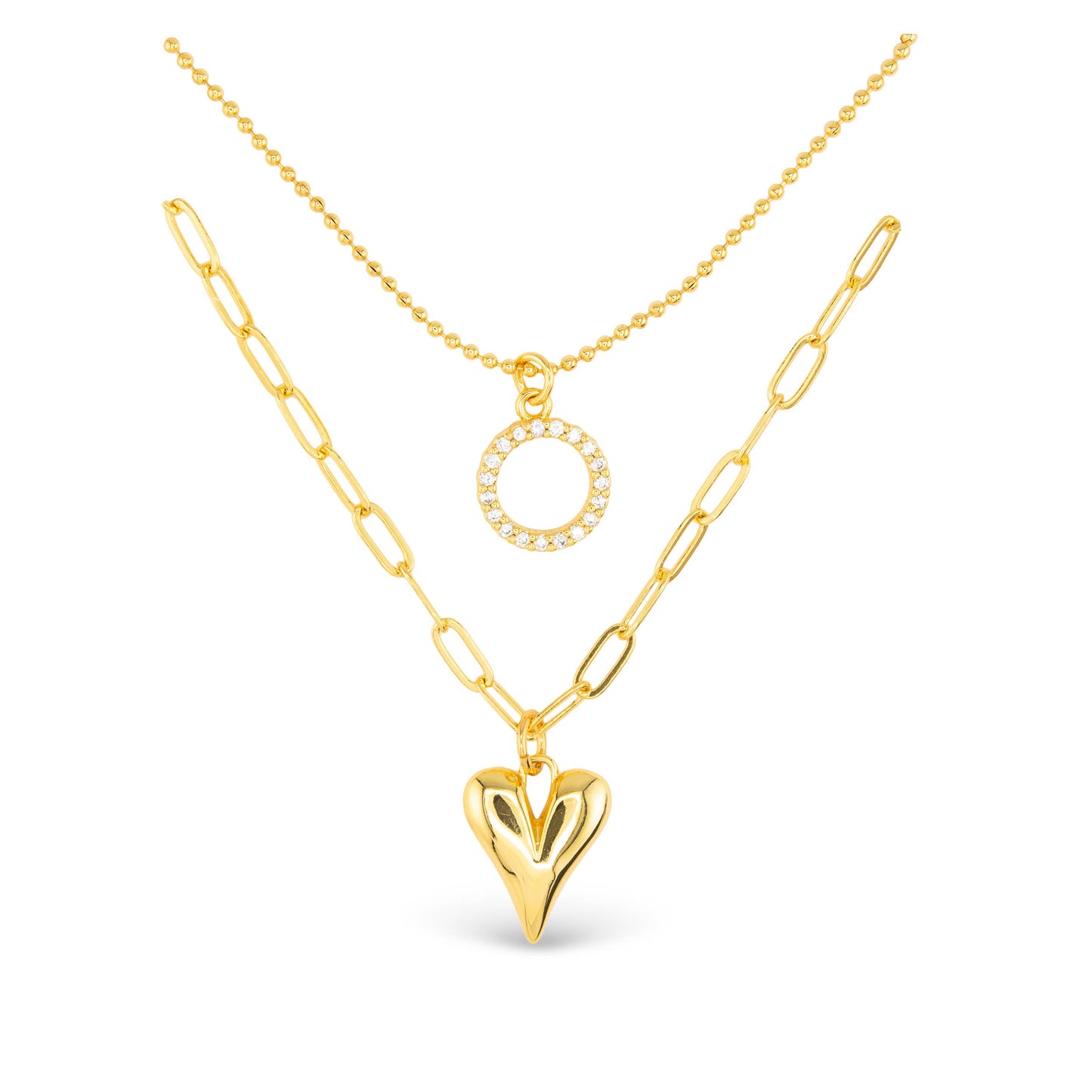 Dazzling CZ Dual Layer Circle Heart Necklace: Yellow Gold