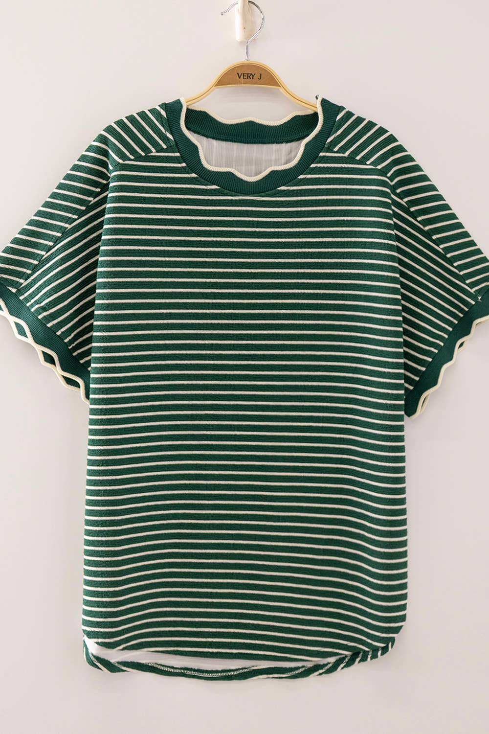 Green Stripe Scallop Trim Stripe Knit Top