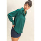 Dark Green Button-Up Satin Shirt With Collared Neckline