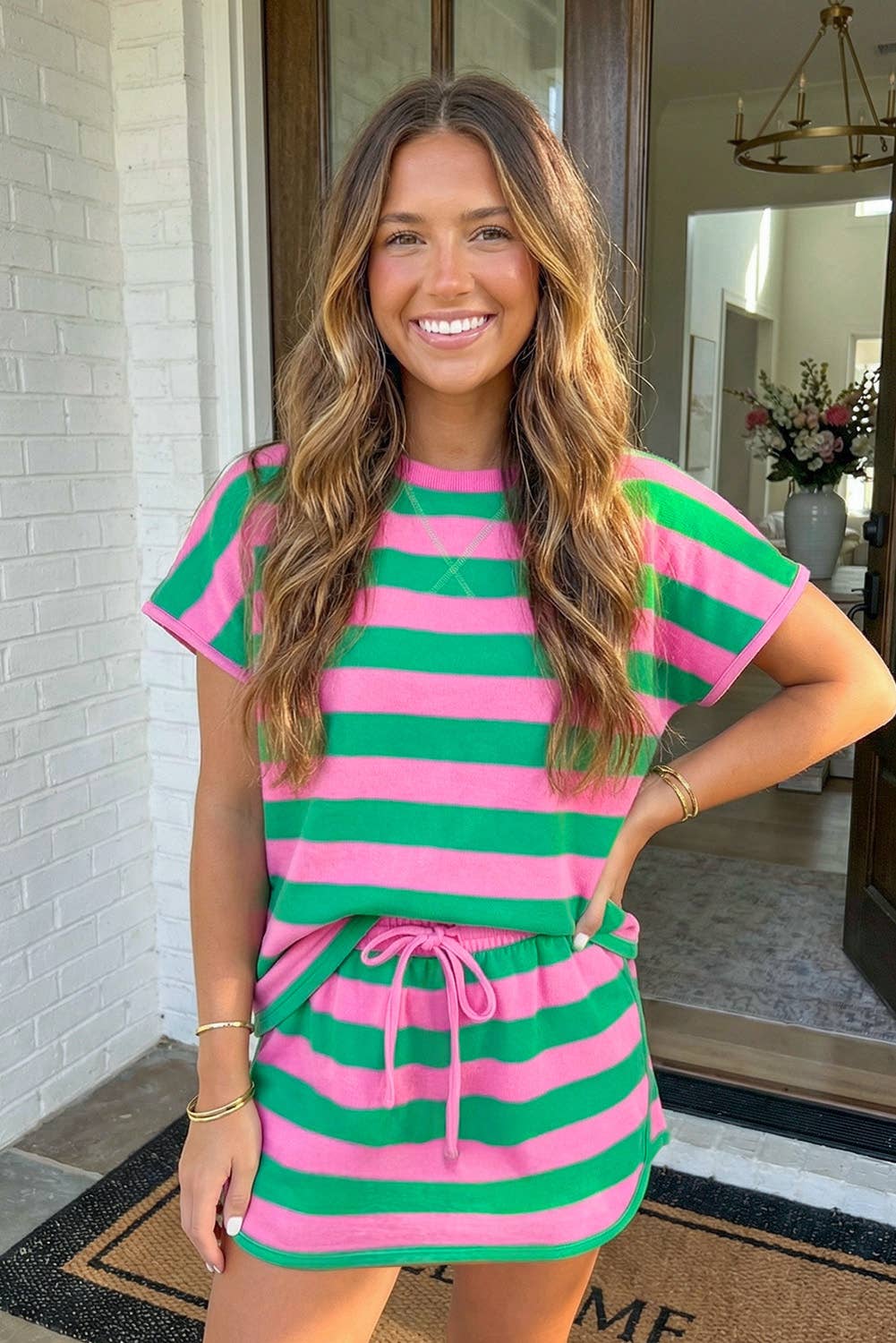 Stripe Tee Drawstring Skort Set - Rose Stripe / Missy