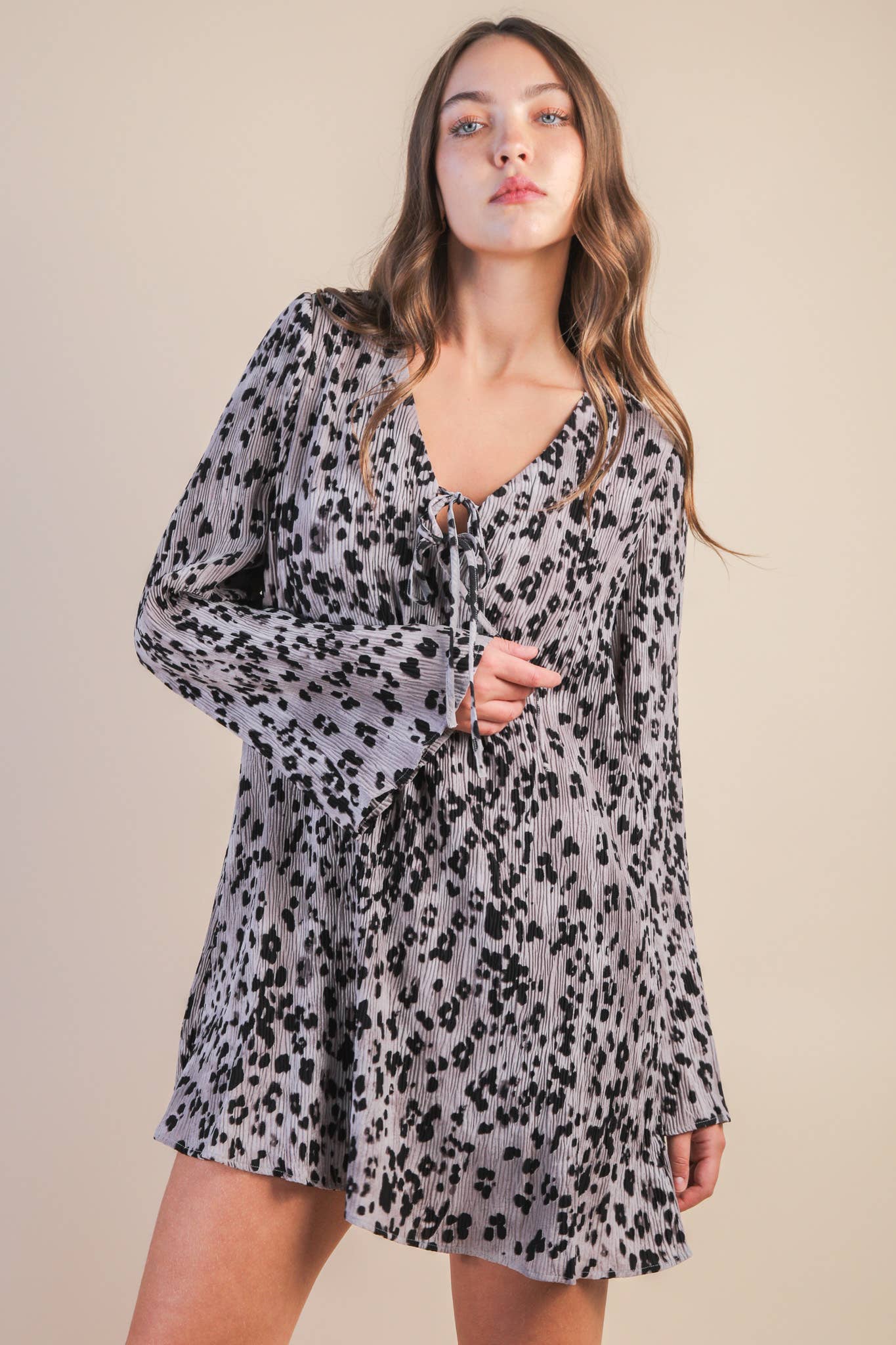 Mocha Leopard Printed Pleated Mini Dress