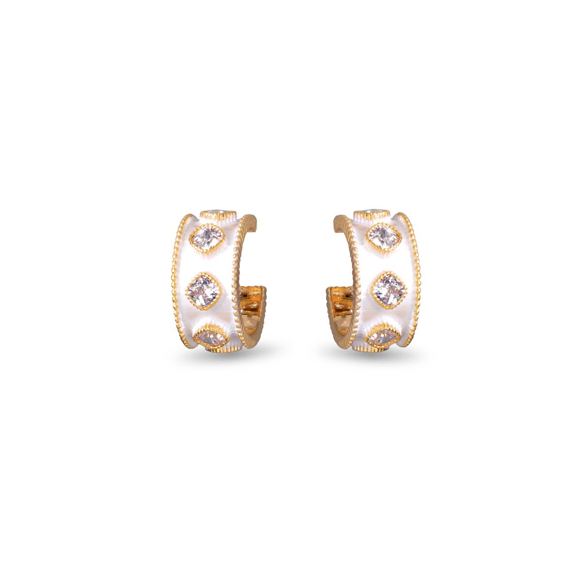 CZ and Enamel Huggie Earrings -  Gold