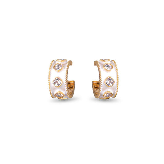 CZ and Enamel Huggie Earrings -  Gold