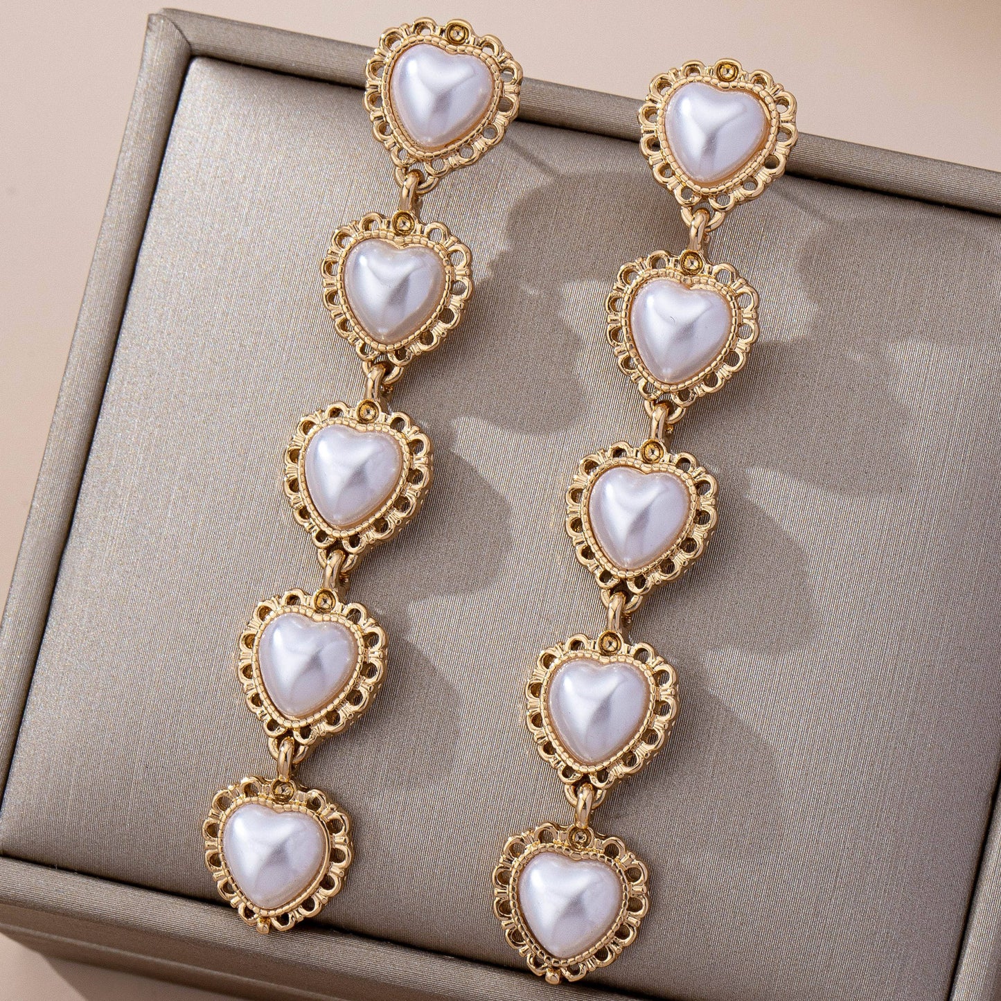 Pearl Heart Cascade Drop Earrings | GOLD