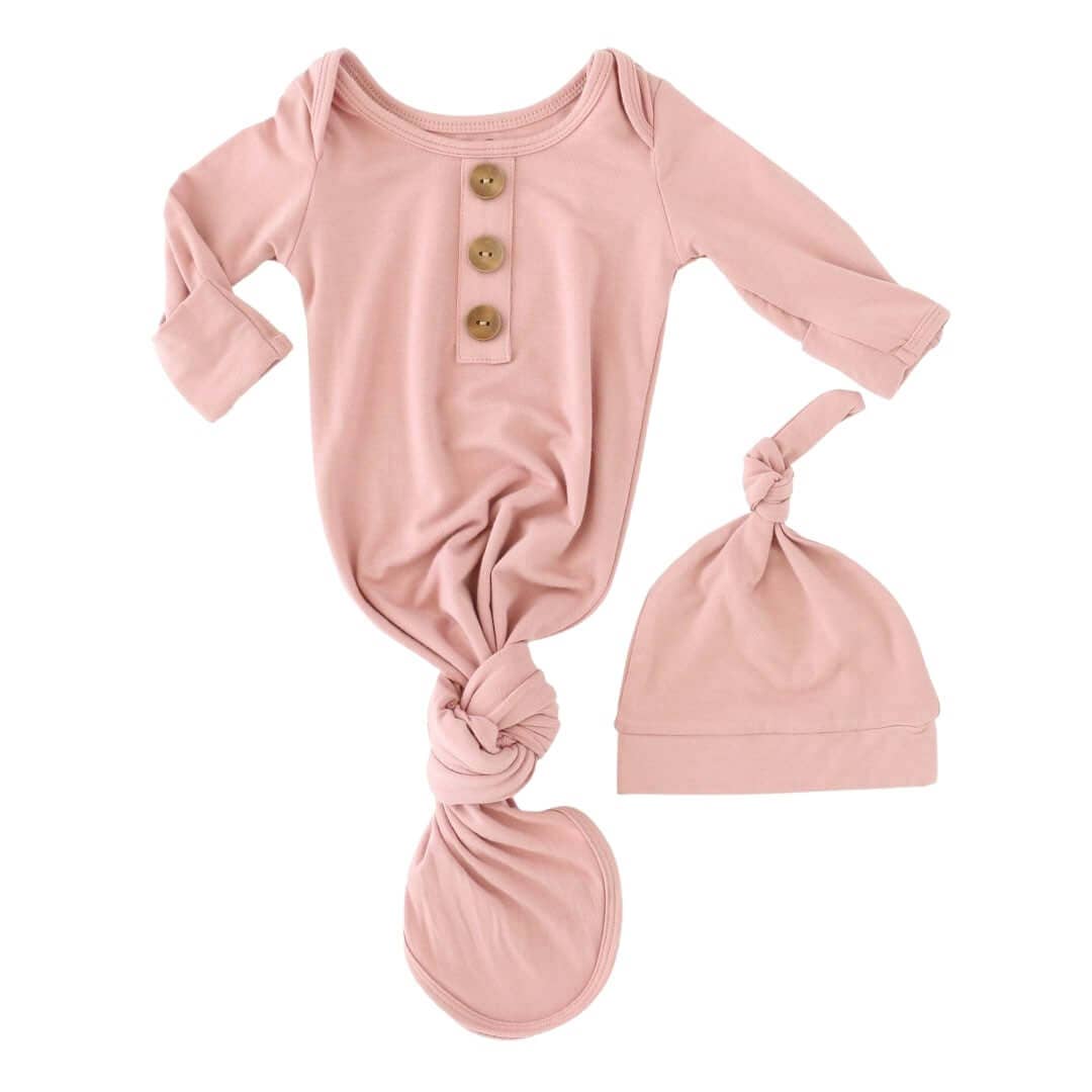 Solid Mauve Bamboo Baby Knot Gown & Hat: Newborn / 7-14lbs+