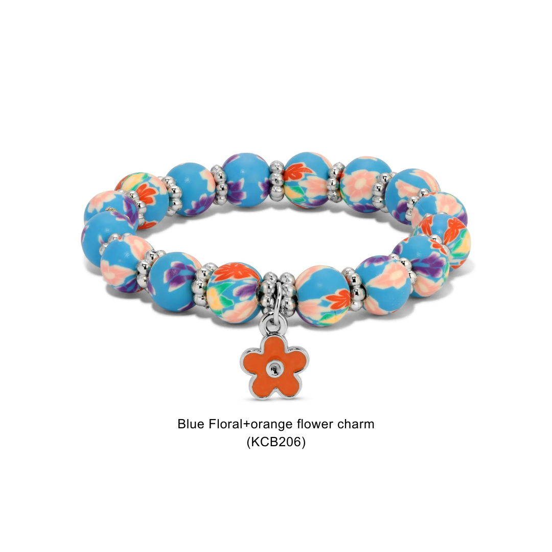Kids Clay Beaded Stretch Charm Bracelets | Blue Floral+orange flower charm
