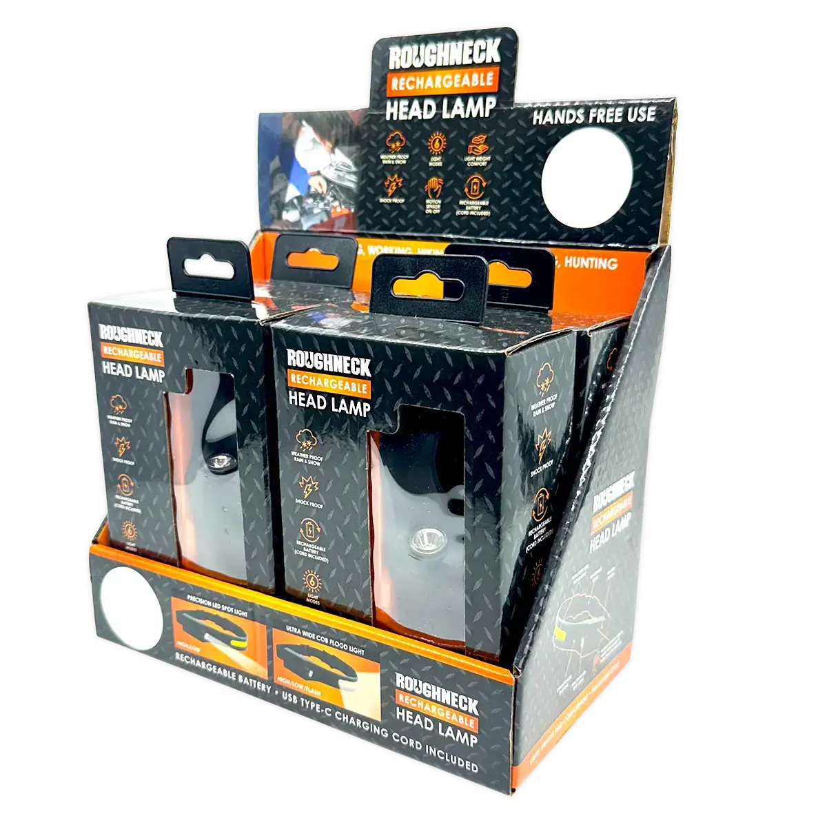 Roughneck Rechargable Headlamp Flashlight - 4/Display: Wholesale Price