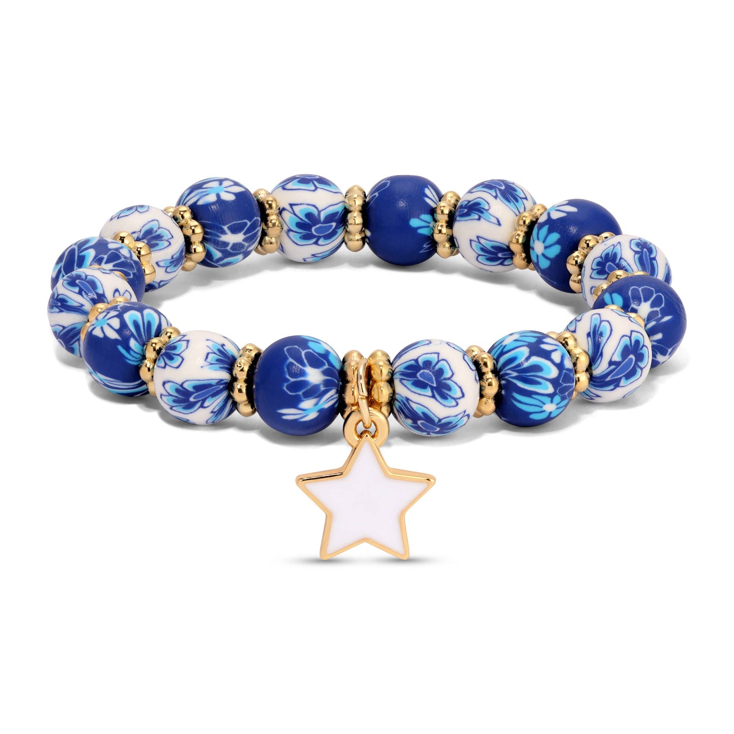 Kids Clay Beaded Stretch Charm Bracelets  |  Navy & White Floral+white star charm