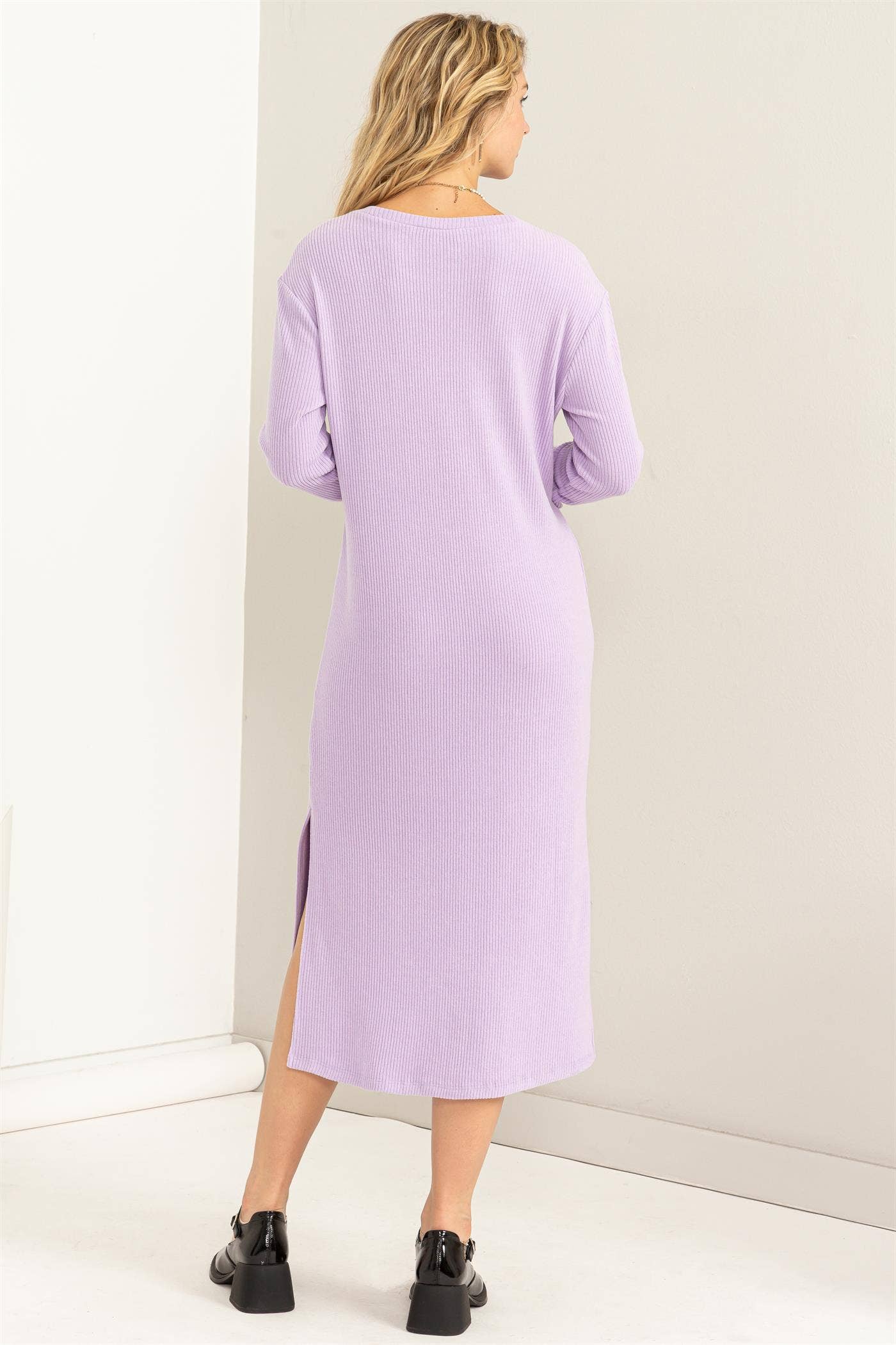 Lilac Ribbed Long Sleeve Midi Dress
