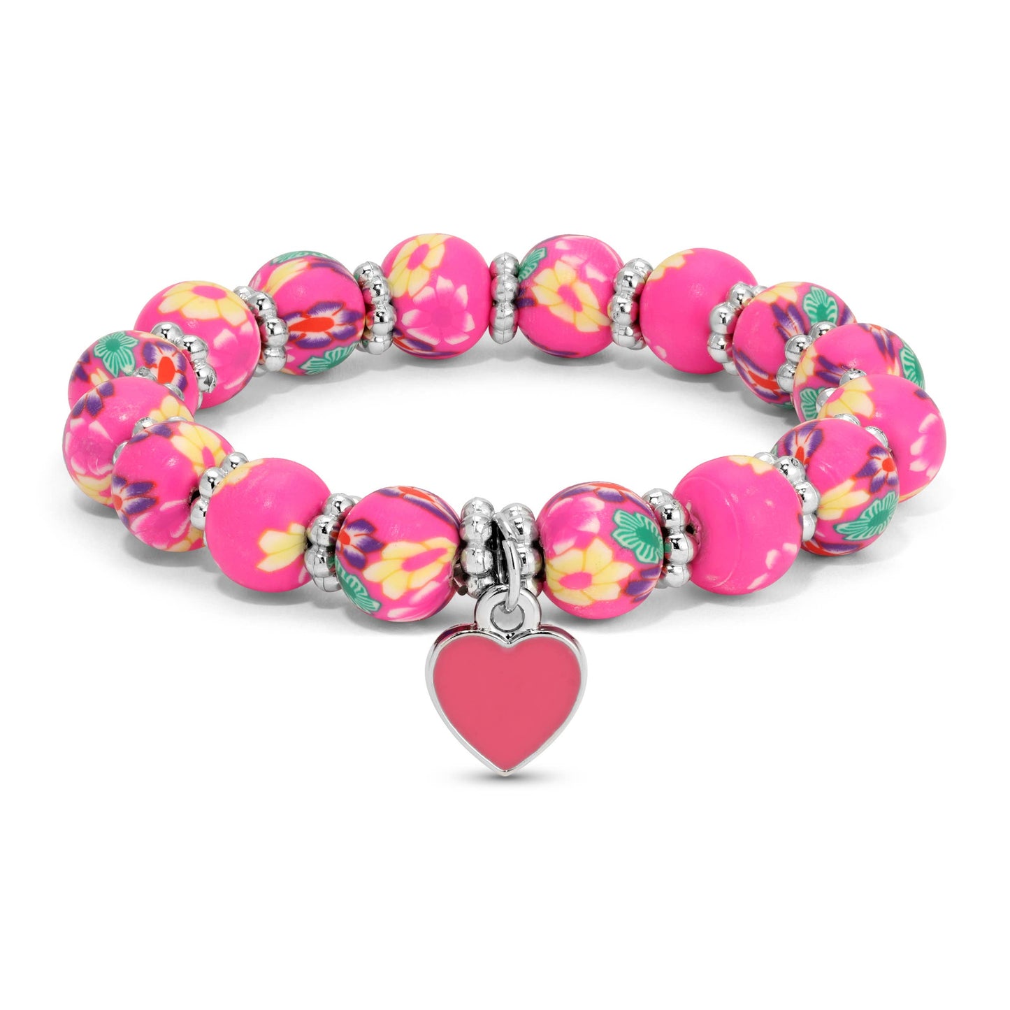 Kids Clay Beaded Stretch Charm Bracelets  |  Bright Pink Floral+pink heart charm