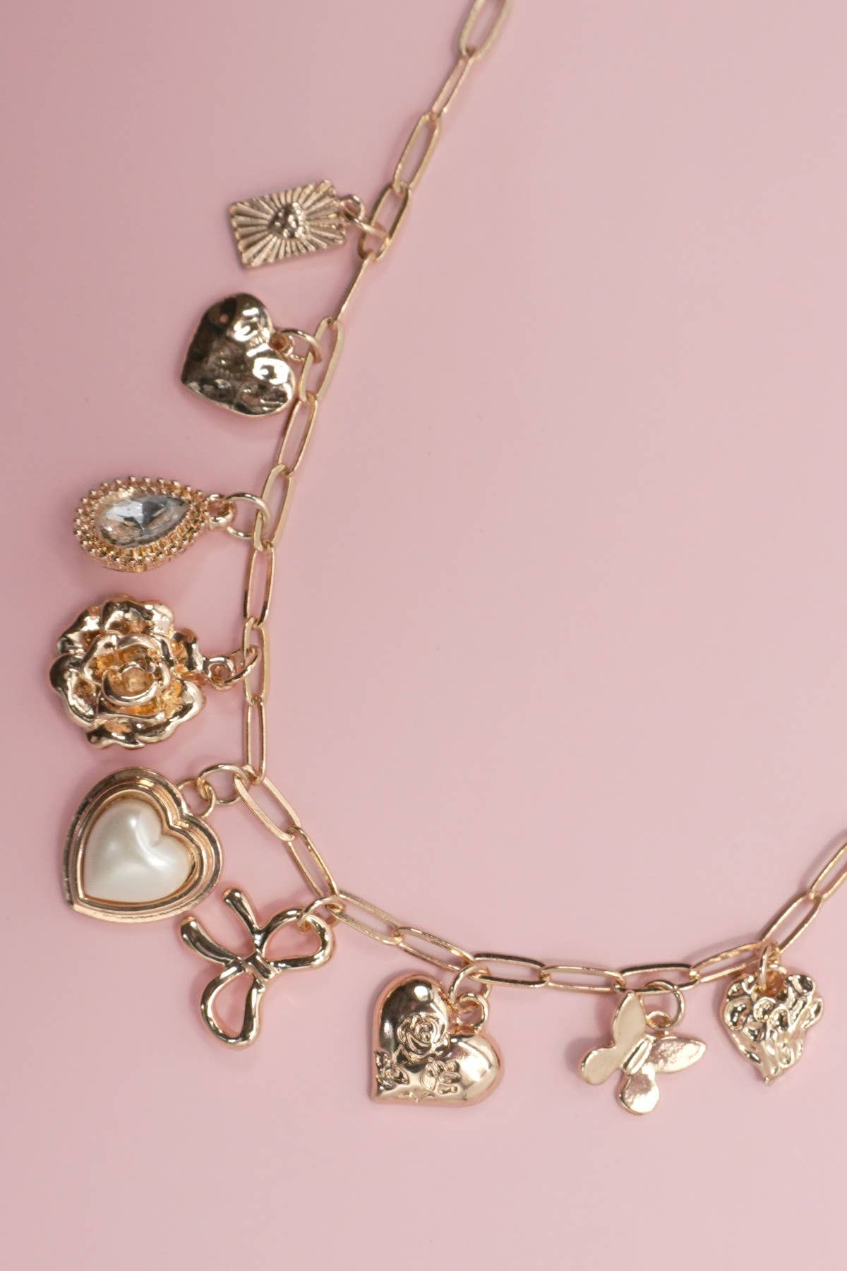 CHARM NECKLACE-BOW HEART RHINESTONE FLOWER | Gold