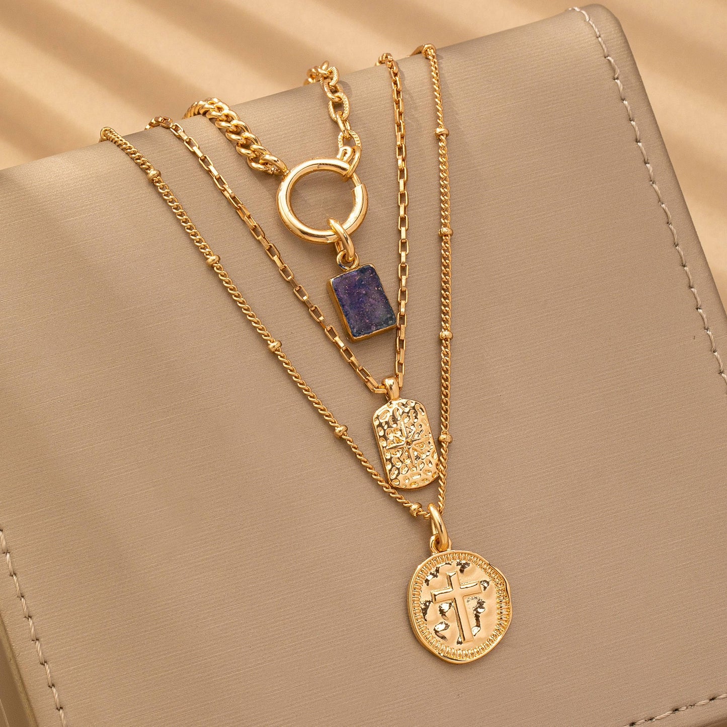 LAYER CELESTIAL CROSS BLUE STONE CHARM NECKLACE | GOLD