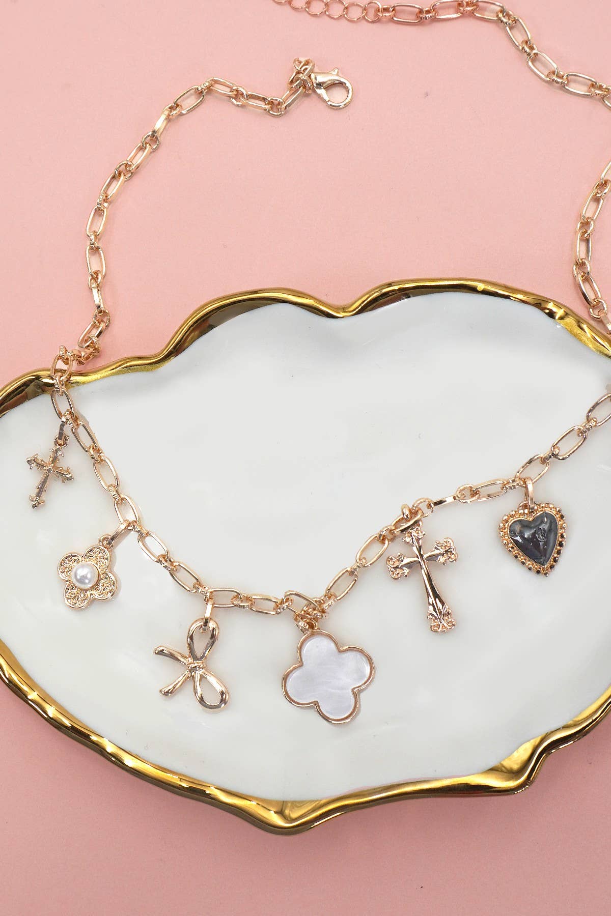 CHARM NECKLACE-CLOVER BOW CROSS HEART FLOWER | GOLD