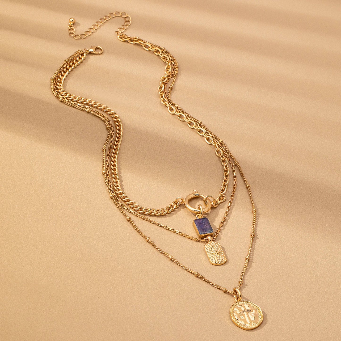 LAYER CELESTIAL CROSS BLUE STONE CHARM NECKLACE | GOLD