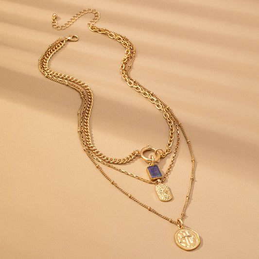 LAYER CELESTIAL CROSS BLUE STONE CHARM NECKLACE | GOLD