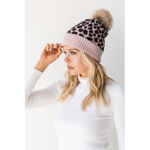Megan Leopard Beanie with Pom Pom
